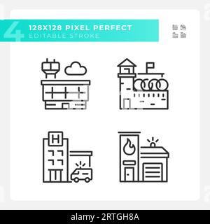 2D pixel perfect black building icons Stock Vector