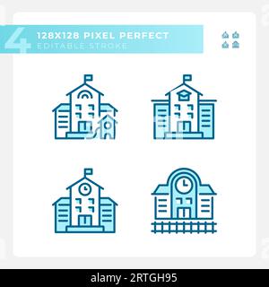 Pixel perfect thin line blue building icons Stock Vector