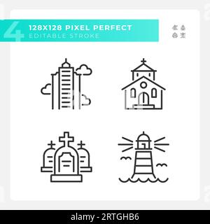 Pixel perfect black building icons set Stock Vector