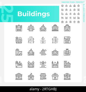 Editable pixel perfect black building icons set Stock Vector