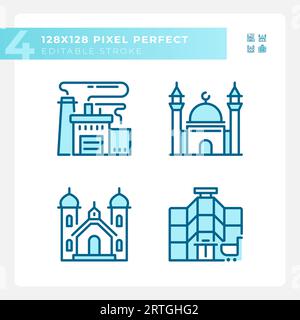 Editable pixel perfect blue building icons set Stock Vector