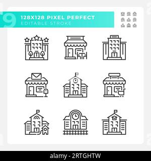 Set of editable pixel perfect black building icons Stock Vector