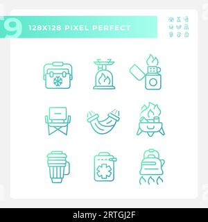 Gradient pixel perfect hiking gear line icons Stock Vector