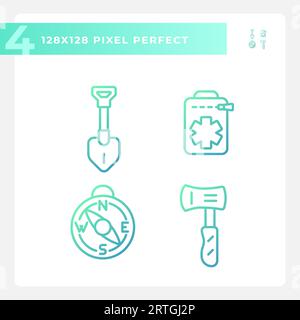 Gradient pixel perfect hiking gear line icons pack Stock Vector