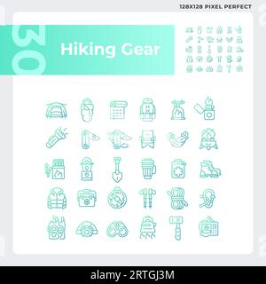 Gradient pixel perfect hiking gear icons collection Stock Vector