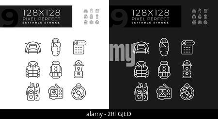 Set of editable pixel perfect hiking gear linear icons Stock Vector