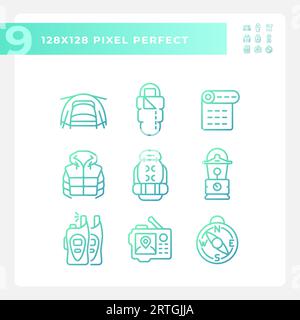 Set of gradient pixel perfect hiking gear linear icons Stock Vector
