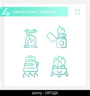 2D gradient pixel perfect hiking gear icons set Stock Vector