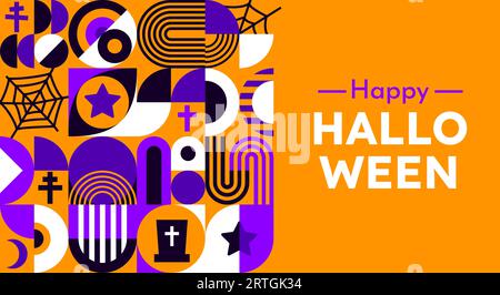 Halloween bauhaus abstract modern geometric pattern, combines bold shapes and eerie elements, evoking a stylish yet spooky atmosphere. Vector background with purple, black, orange and white colors Stock Vector