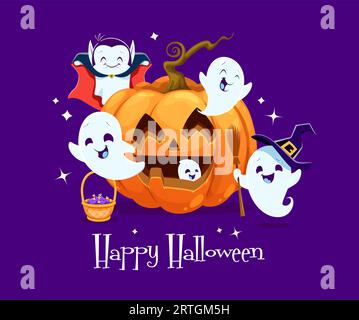 Halloween kawaii ghost characters and cartoon pumpkin. Vector background with cute funny spooks crew with sweets wearing holiday costumes of vampire and witch hat, celebrating trick or treat party Stock Vector