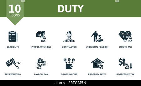 Duty set. Creative icons: eligibility, profit after tax, contractor, individual pension, luxury tax, tax exemption, payroll tax, gross income Stock Vector