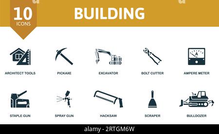 Building set. Creative icons: architect tools, pickaxe, excavator, bolt cutter, ampere meter, staple gun, spray gun, hacksaw, scraper, bulldozer. Stock Vector