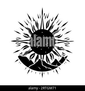 Sun behind the mountains. Mountains with the sun behind them. Vector illustration. Stock Vector