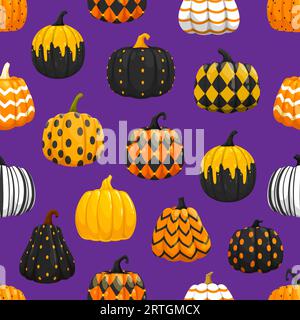 Seamless pattern of halloween painted pumpkins with holiday ornament. Vector tile background with colorful gourd plants with black, orange and white decor such as dots, rhombus, stripes or zig-zag Stock Vector