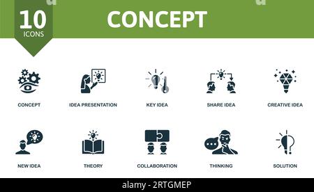 Concept set. Creative icons: concept, idea presentation, key idea, share idea, creative idea, new idea, theory, collaboration, thinking, solution. Stock Vector