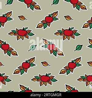 Red apple with leaves seamless pattern for textile, scrapbook or wallpaper, fall harvest vector background Stock Vector