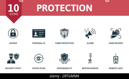 Protection set. Creative icons: locked, personal id, home protection, alarm, hand reader, security staff, retina scan, dependability, motion sensor Stock Vector