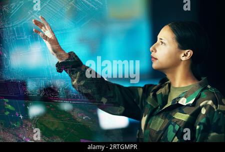 Map, location and a military woman using a dashboard for security, strategy or surveillance in a control room. Army, digital and double exposure with Stock Photo