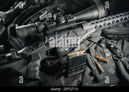 Sabatti ST-18 tactical sniper rifle chambered in .308win with fitted Vortex AMG scope and red dot. Clean version with dust and scrathes removed Stock Photo