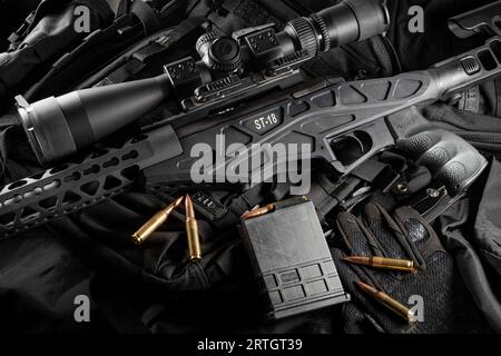 Sabatti ST-18 tactical sniper rifle chambered in .308win with fitted Vortex AMG scope and red dot. RAW version with minimal editing. Stock Photo