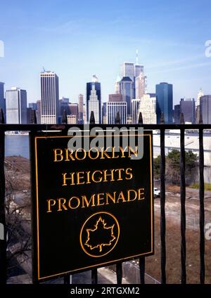 View at Lower Manhattan from Brooklyn Heights Promenade with at the background the skyline from Manhattan with the old Twin Towers of the World Trade Stock Photo