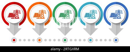 Solar panel, clean energy, power vector icon set, flat design infographic template, set pointer concept icons in 5 color options for webdesign and mob Stock Vector