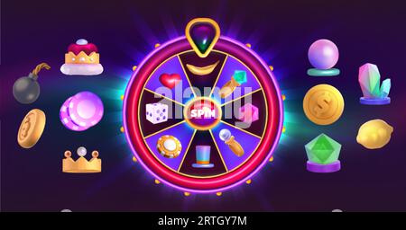 Casino roulette with golden coins and crown, heart, magic hat and diamond, gem, poker chips and dice element collection. Fortune game spin wheel and set of prize icons. Cartoon symbols for gamble. Stock Vector