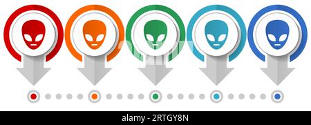Alien face vector icon set, flat design infographic template, set pointer concept icons in 5 color options for webdesign and mobile applications Stock Vector