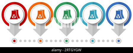 Nuclear power plant vector icon set, flat design infographic template, set pointer concept icons in 5 color options for webdesign and mobile applicati Stock Vector