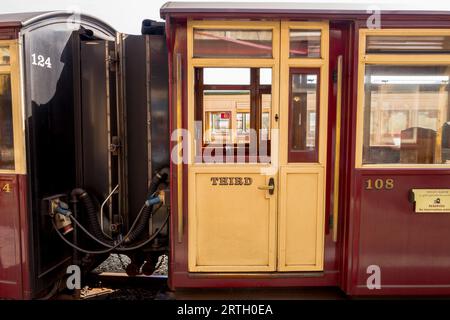 Third class carriages used by the Ffestiniog Railway and Welsh Highland Railway to transport passenger from Porthmadoc station. Stock Photo