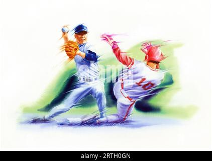 watercolors of offensive and defensive baseball players Stock Photo