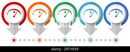 Fuel gauge, car petrol dashboard vector icon set, flat design infographic template, set pointer concept icons in 5 color options for webdesign and mob Stock Vector