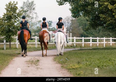 Rear view of three female riders riding horses side by side near white ...