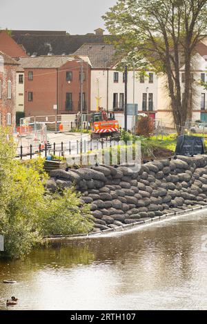 Bewdley, UK. 13th September, 2023. Flood defence work underway at Beales Corner in the town of Bewdley, Worcestershire. Credit: Lee Hudson/Alamy Stock Photo