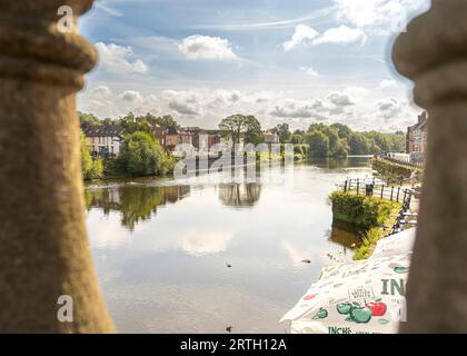 Bewdley, UK. 13th September, 2023. Flood defence work underway at Beales Corner in the town of Bewdley, Worcestershire. Credit: Lee Hudson/Alamy Stock Photo