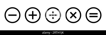 Calculator icons set. Minus, plus and equal symbols. Mathematic symbol in circle. Calculator symbol in line. Stock vector illustration Stock Vector