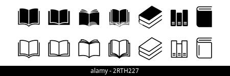 Book icon set. Black book icons. Outline book symbol. Library symbol in glyph. Open and closed dictionary set. Education sign. Stock vector illustrati Stock Vector