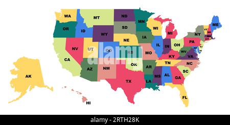 US states illustration. USA map with states. Fifty states of America. US map in color. Stock vector illustration Stock Vector