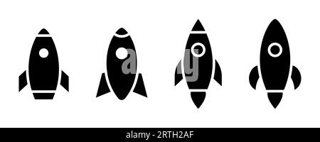 Rocket icons set. Spaceship symbol. Black rocket icon. Startup symbol. Spacecraft sign. Spaceship silhouette. Startup illustration. Shuttle icon in bl Stock Vector