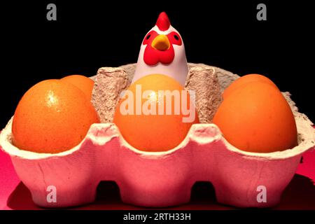 Toy chicken in egg carton with fresh hens eggs Stock Photo