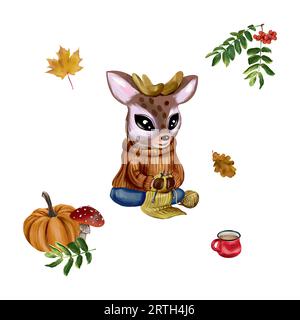 Cartoon deer in a warm sweater, pumpkin, mushroom, rowan. Vector illustration on an autumn theme. Greeting cards, invitations, autumn banners, flyers. Stock Vector