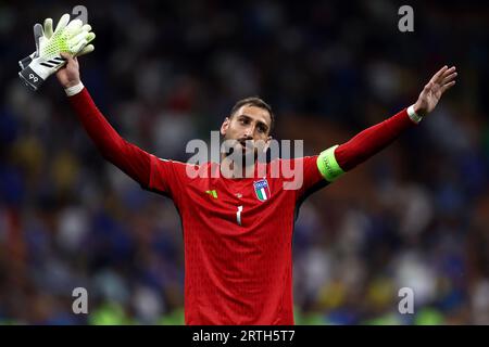 Milano, Italy. 12th Sep, 2023. Gianluigi Donnarumma of Italy celebrates at the end of the UEFA EURO 2024 qualifying round group C match between Italy and Ukraine at Stadio San Siro on September 12, 2023 in Milan, Italy. Credit: Marco Canoniero/Alamy Live News Stock Photo