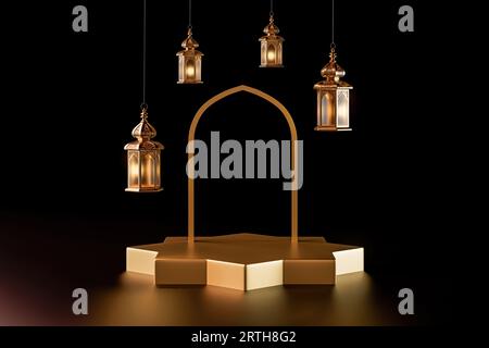 3d Ramadan Kareem background with golden lantern, and crescent moon ...