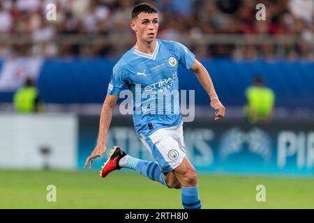 Athens, Greece - August 16,2023: Player of Manchester City Phil Foden in action during the UEFA Super Cup Final match between Manchester City and Sevi Stock Photo