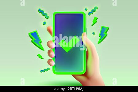 Button to confirm the action in the phone, the hand holds the device. Vector Stock Vector