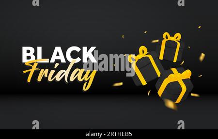 Black friday sale banner with gift boxes, golden ribbons and confetti effect. 3d gift box icon isolated on background. Big promotion, premium sale off event. Vector illustration. Vector illustration Stock Vector