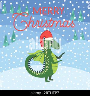 Christmas card with cute green dragon. Year of the Dragon 2024, China. Stock Vector