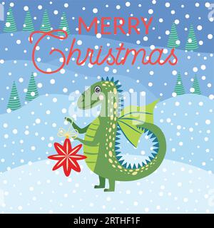 Christmas card with cute green dragon. Year of the Dragon 2024, China. Stock Vector