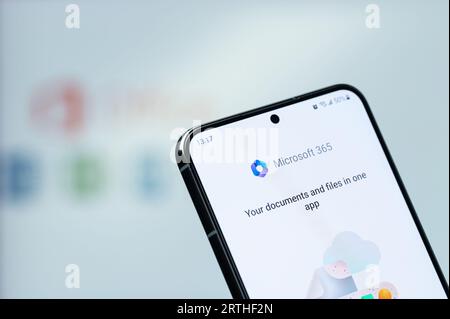 New York, USA - August 20, 2023: Open documents in Microsoft office 365 app on smartphone display close up with blurred logo background Stock Photo