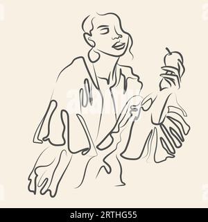 Beautiful woman with apple in dress profile line art drawing. Vector illustration for postcard Stock Vector